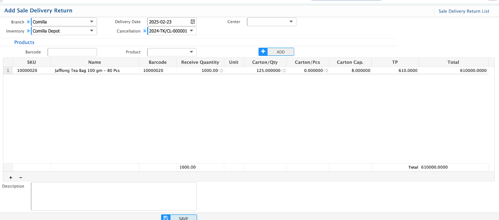 Add New Sale Delivery Return